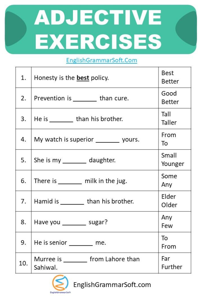 Adjectives Exercises With Answers Adjectives Exercises English 