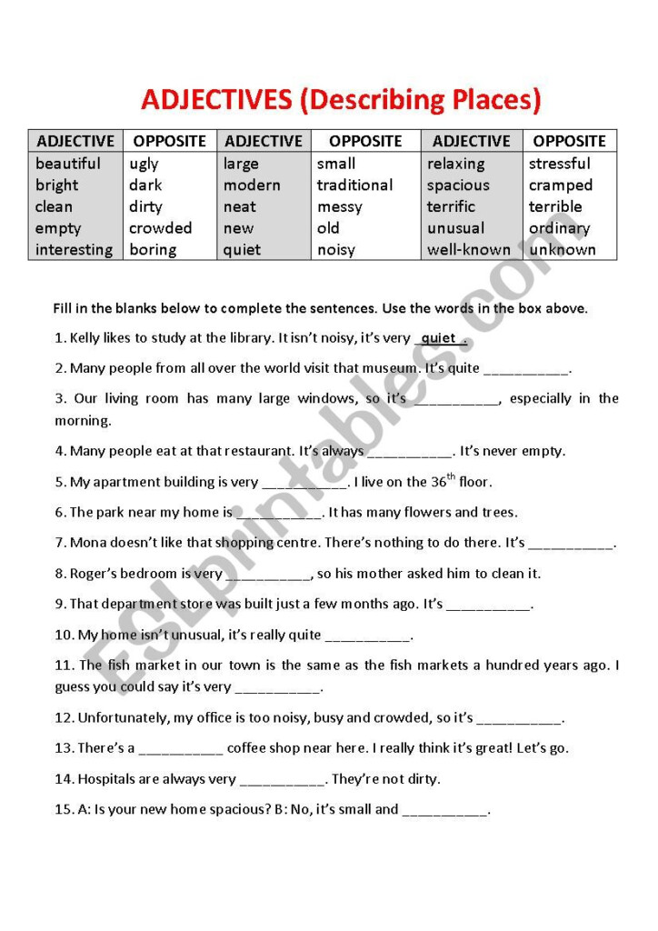 Adjectives For Places Worksheets Adjectiveworksheets