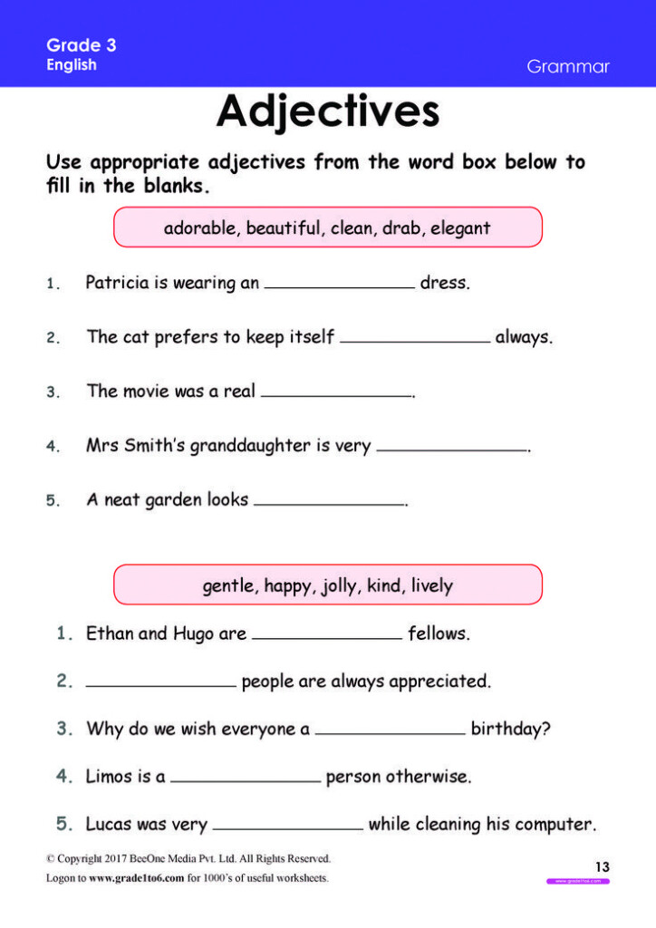 Adjectives Worksheet Grade 3 www grade1to6 Third Grade Grammar 