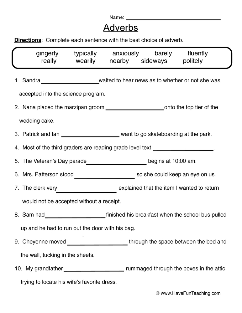 Adverb Worksheet 1 Fill In The Blanks