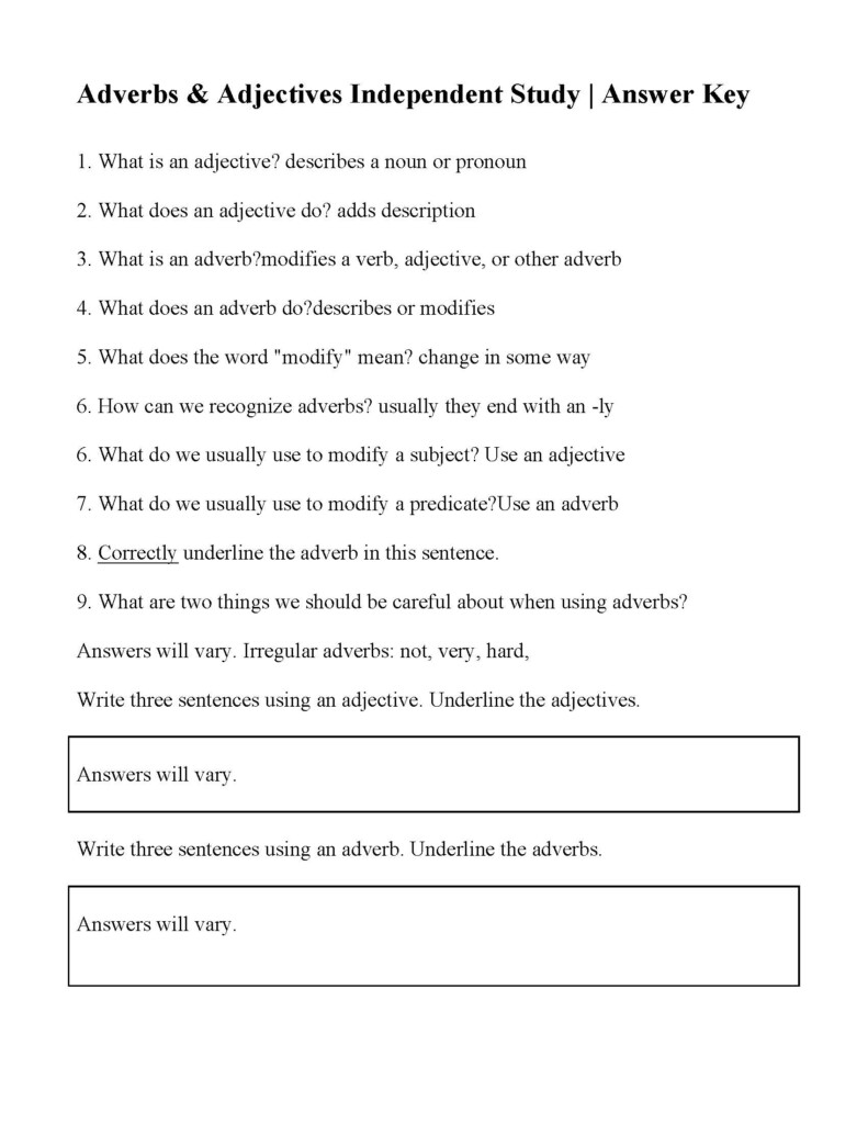 Adverbs And Adjectives Independent Study Activity Answers