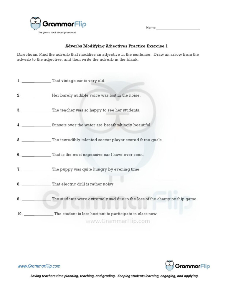 Adverbs Modifying Adjectives Free Worksheet