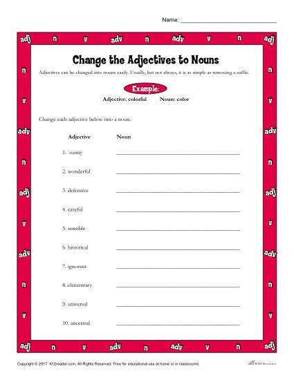 Change The Adjectives To Nouns Printable 3rd 4th Grade Nouns Activity