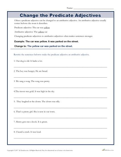 Change The Predicate Adjectives Printable Parts Of Speech Activity