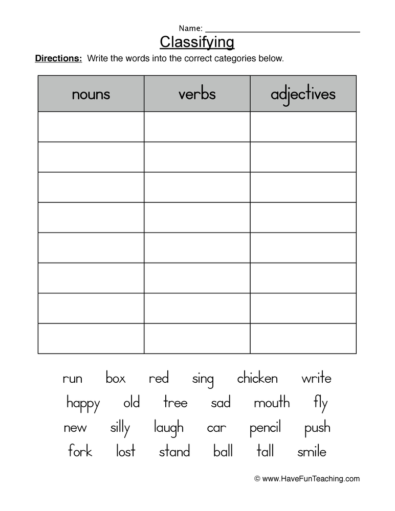 Classifying Nouns Verbs Or Adjectives Worksheet Have Fun Teaching