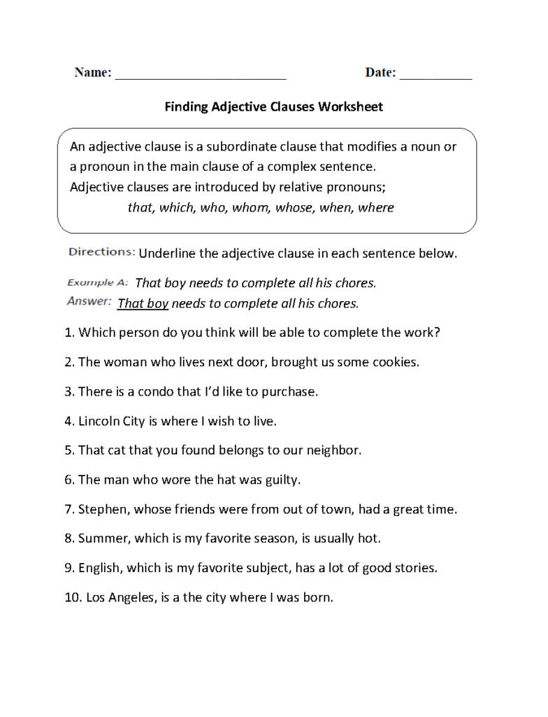 Clauses Worksheets Finding Adjective Clauses Worksheet