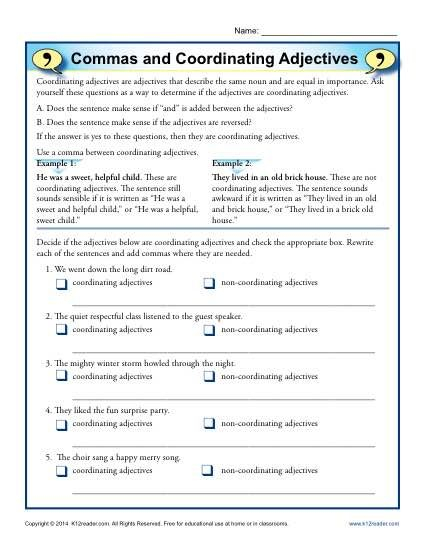 Commas And Coordinating Adjectives Comma Worksheets Coordinate 