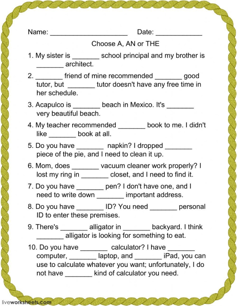 Definite And Indefinite Article Worksheet