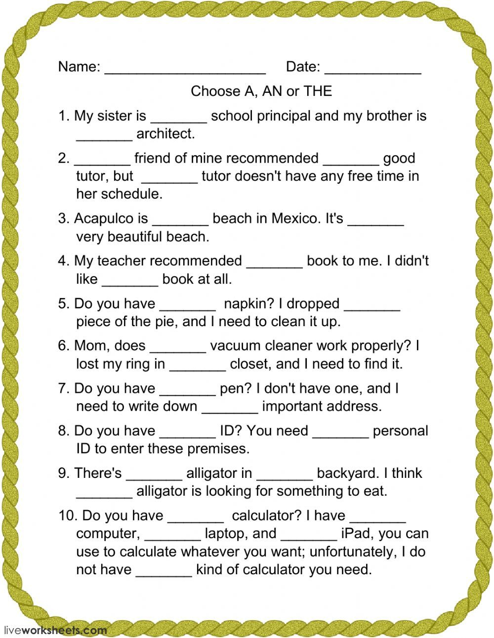 Definite And Indefinite Article Worksheet