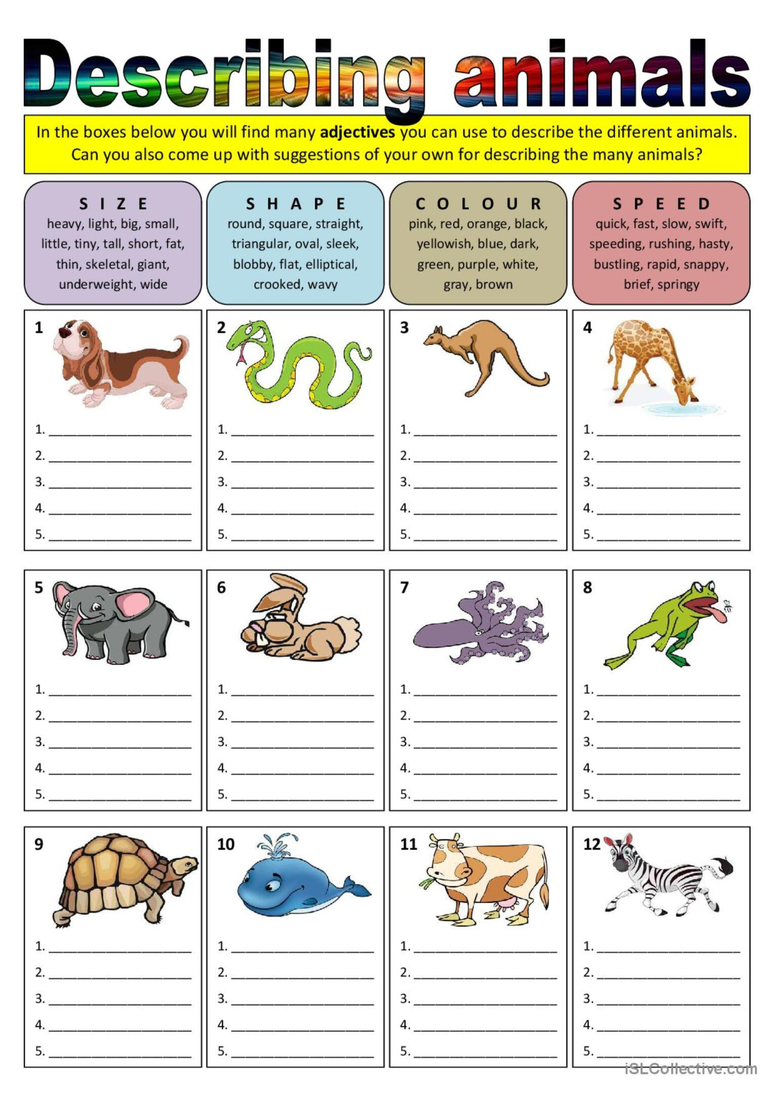 Describing Animals adjectives Gene English ESL Worksheets Pdf Doc