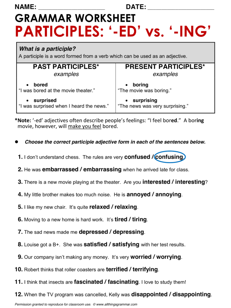 English Grammar Participle Adjectives Www allthingsgrammar 