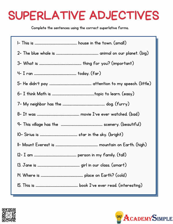 English Grammar Worksheets Superlative Adjectives Academy Simple