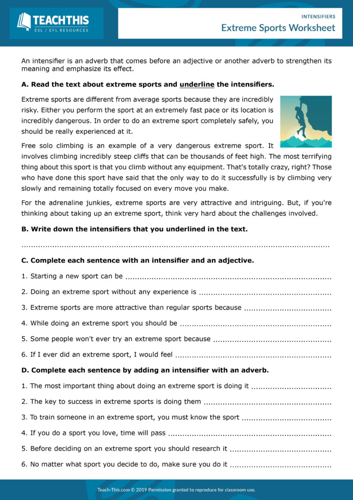 ESL Intensifiers Worksheet Reading And Writing Activity 