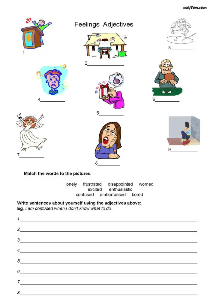 Feelings Adjectives Worksheet With Pictures For ESL Students 