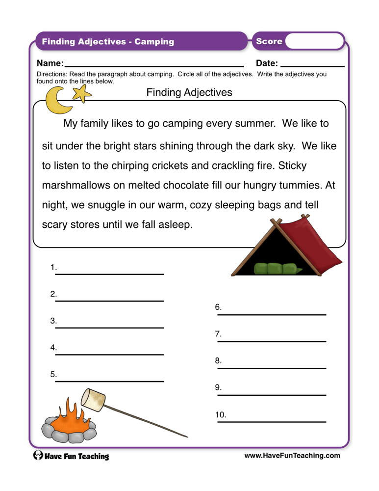 Finding Adjectives Camping Worksheet Have Fun Teaching