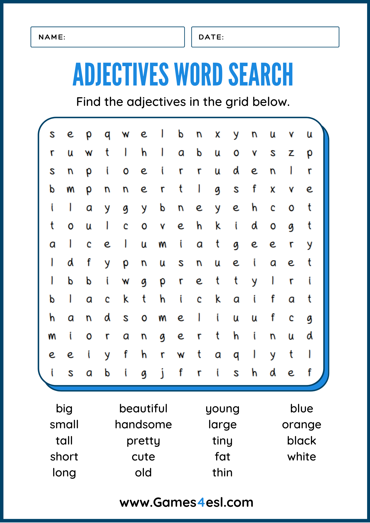 Free Adjectives Word Search In 2023 Adjective Words Adjective