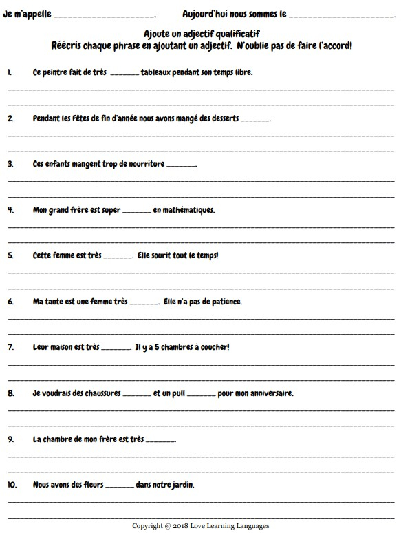 French Descriptive Adjectives Booklet Exercise Worksheet By Teach Simple