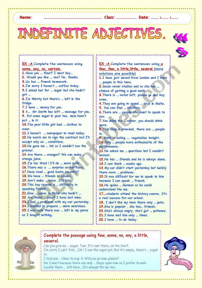 INDEFINITE ADJECTIVES WS ESL Worksheet By LUCETTA06 Adjectives