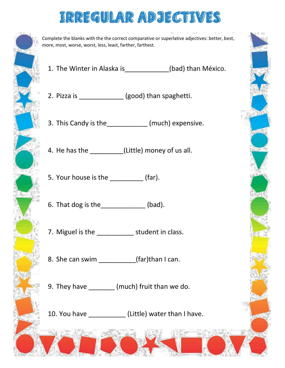 Irregular Adejctives Worksheet Teacher Lesson Plans Elementary