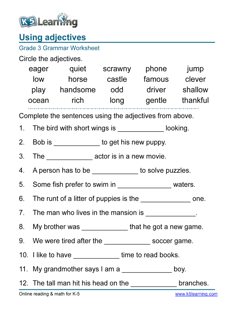 K5 Learning Grade 3 Grammar Worksheet Using Adjectives Fill And 