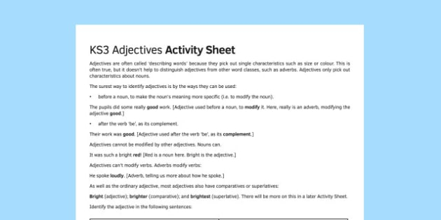 KS3 Adjectives Worksheet Worksheet teacher Made 