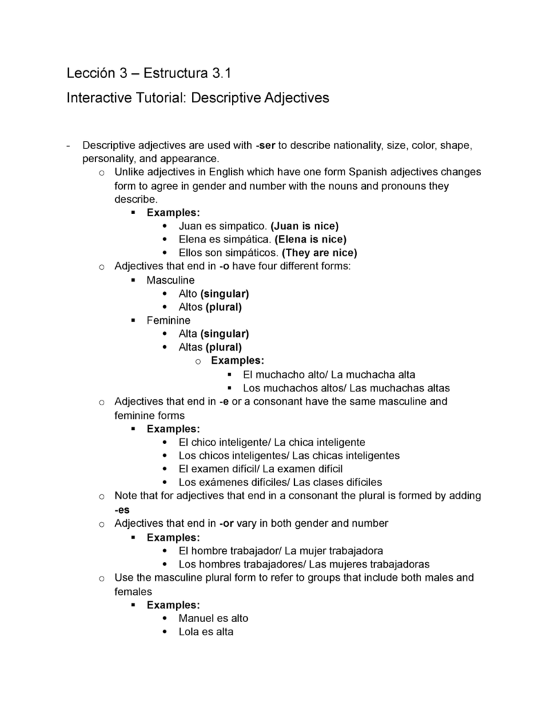 Lecci n 3 Estructura 3 1 Tutorial Notes On Descriptive Adjectives 