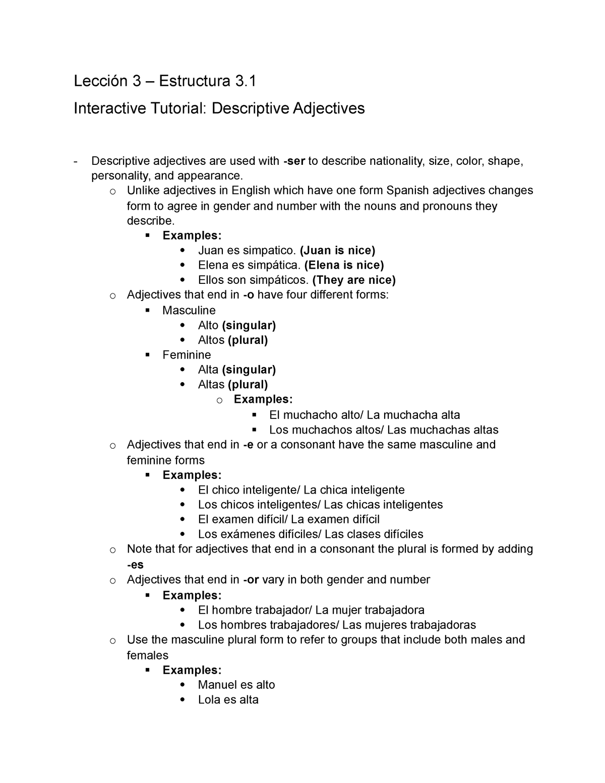 Lecci n 3 Estructura 3 1 Tutorial Notes On Descriptive Adjectives