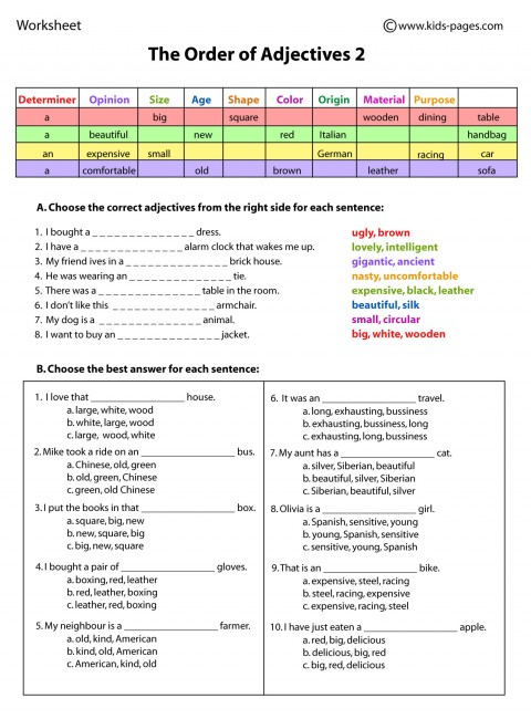 Order Of Adjectives Worksheets With Answers Free Printable Adjectives