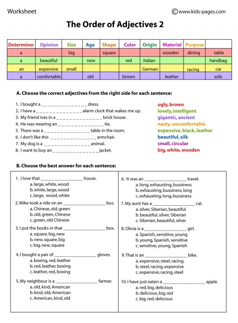 Order Of Adjectives Worksheets With Answers Free Printable Adjectives 