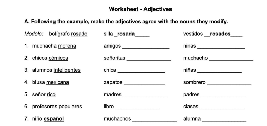 Part A Following The Example Make The Adjectives Agree With The Nouns 