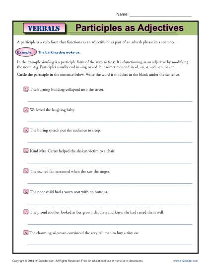 Participles As Adjectives Verbal Worksheets