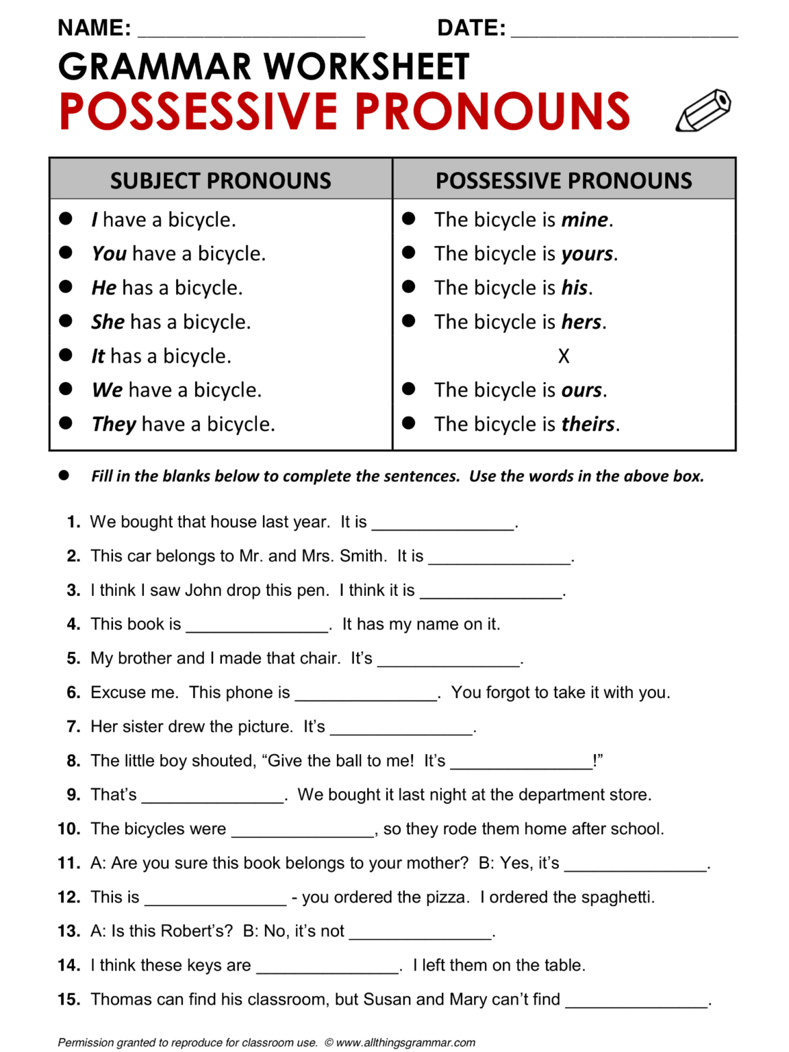 Possessive Adjective And Possessive Pronoun Worksheet Pdf Adjectiveworksheets Net