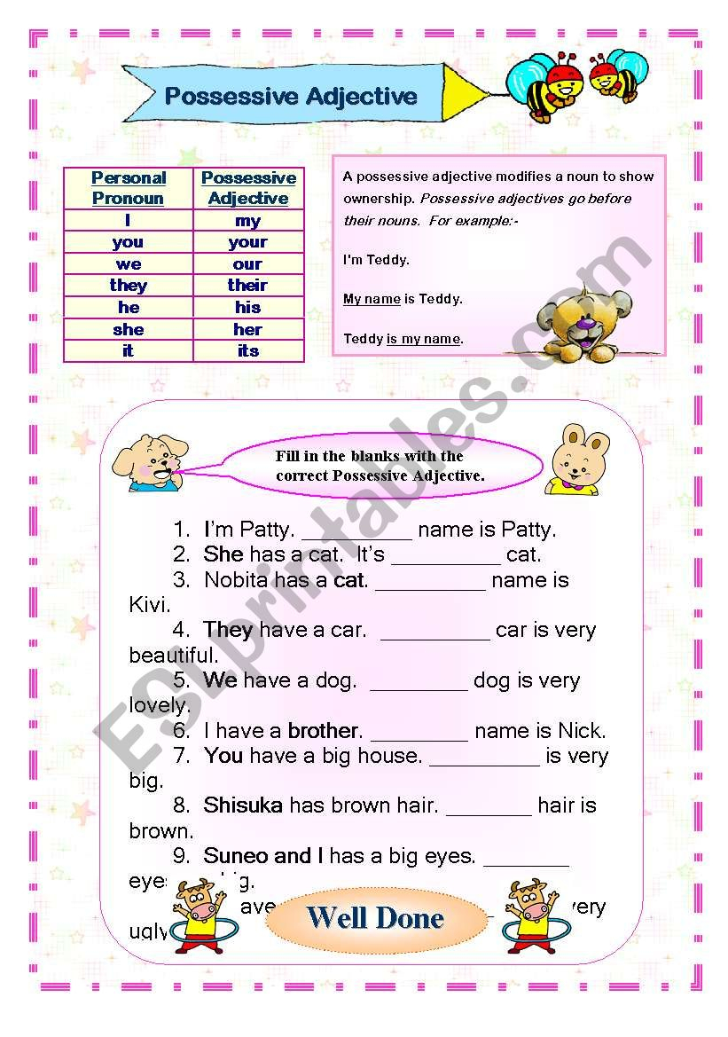 Possessive Adjective ESL Worksheet By Mybelove00 - Adjectiveworksheets.net