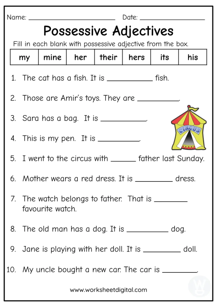 Possessive Adjectives Free Printables Grade 1 English