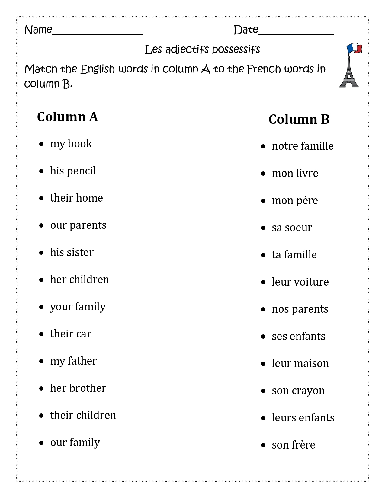Possessive Adjectives In French Worksheets Worksheets For Kindergarten
