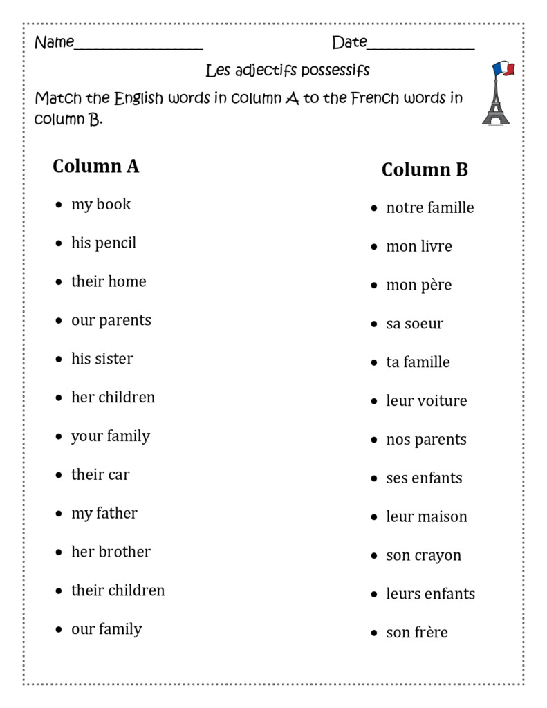 Possessive Adjectives In French Worksheets Worksheets For Kindergarten