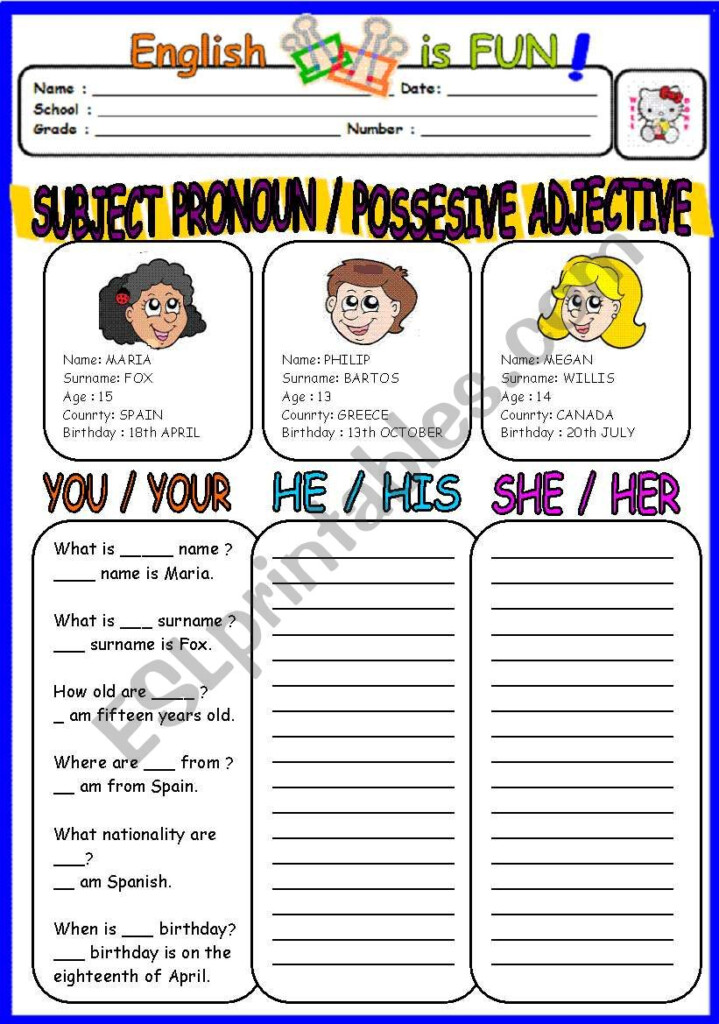 Possessive Adjectives Spanish Worksheet