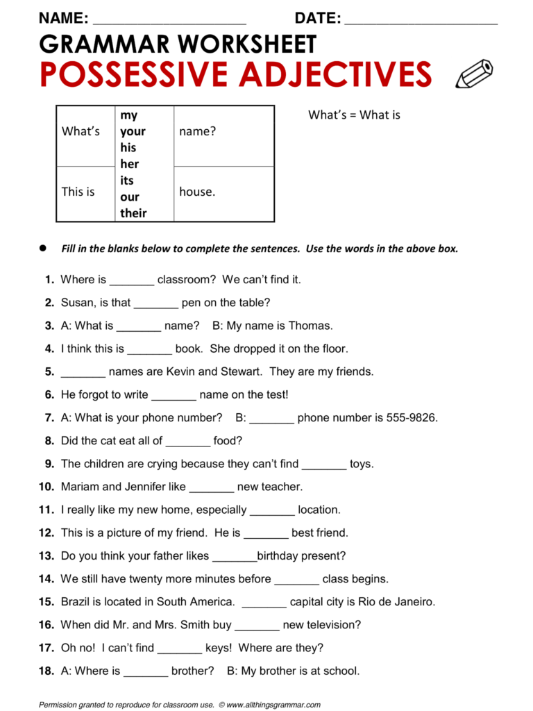 Possessive Adjectives Worksheet Pdf Sixteenth Streets