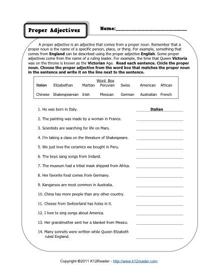 Proper Adjectives Worksheets 3rd Grade