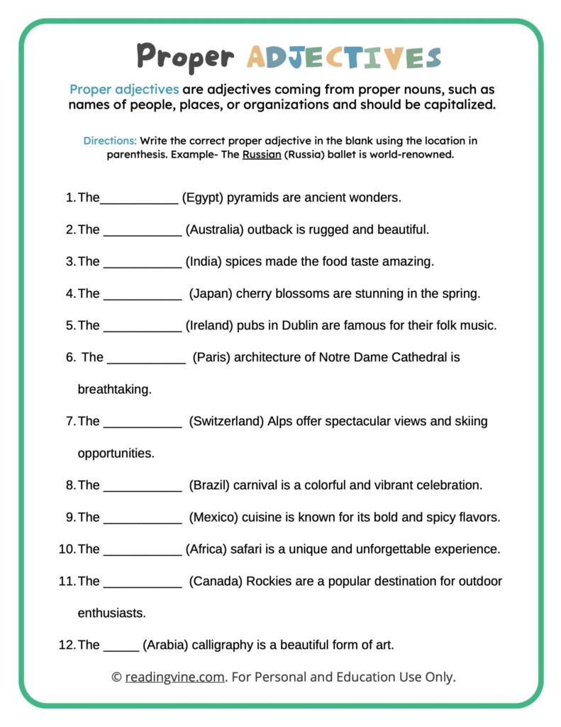 Identifying Proper Adjectives Worksheets