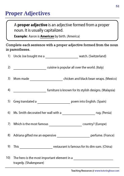 Proper Adjectives Worksheets