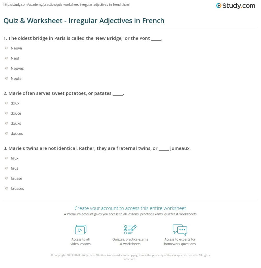 Quiz Worksheet Irregular Adjectives In French Study