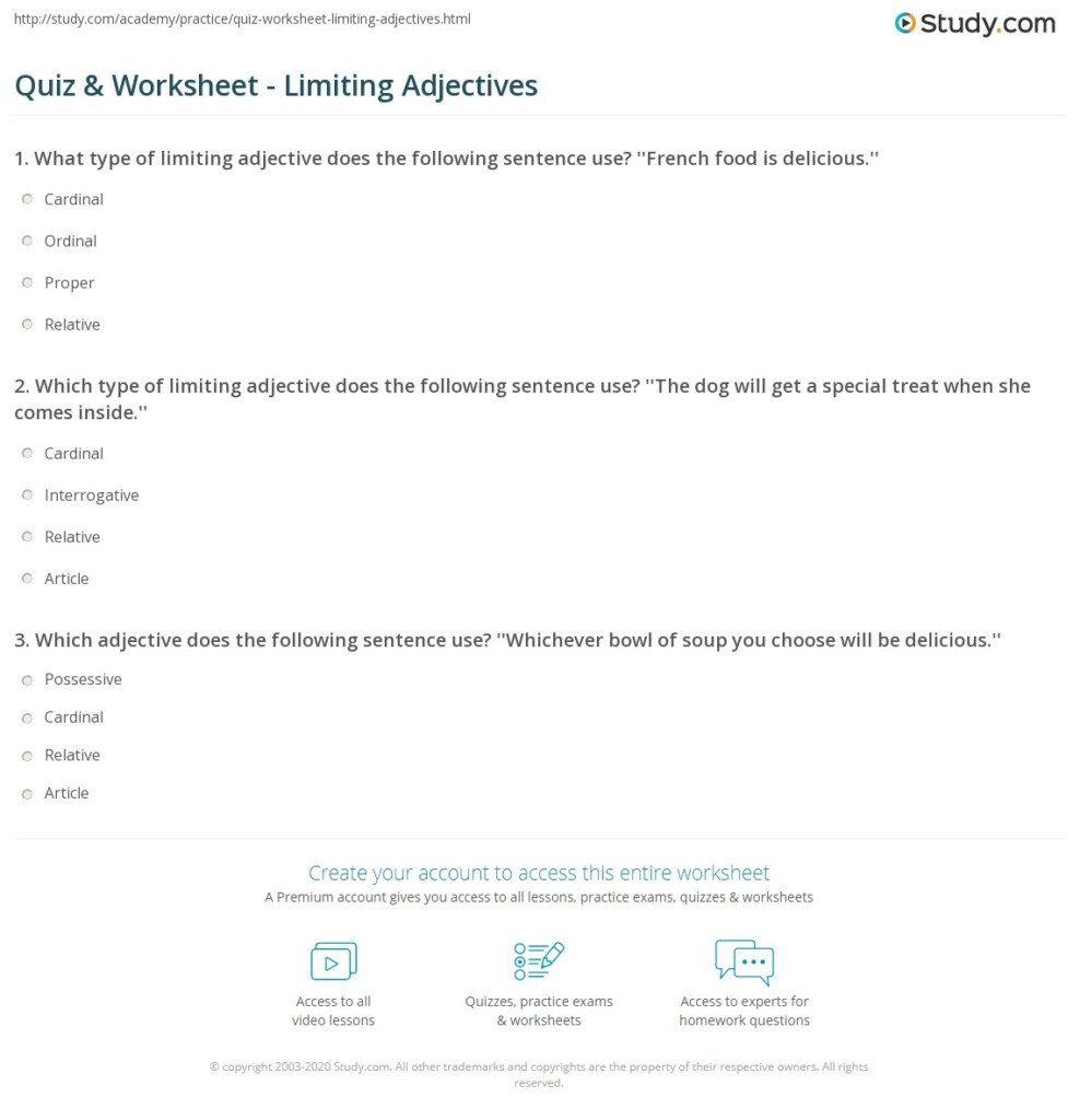 Quiz Worksheet Limiting Adjectives Study