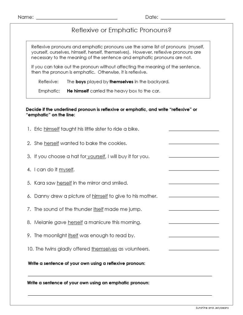 Reflexive Emphatic Pronouns 3 Worksheets Grades 5 6 Made By 