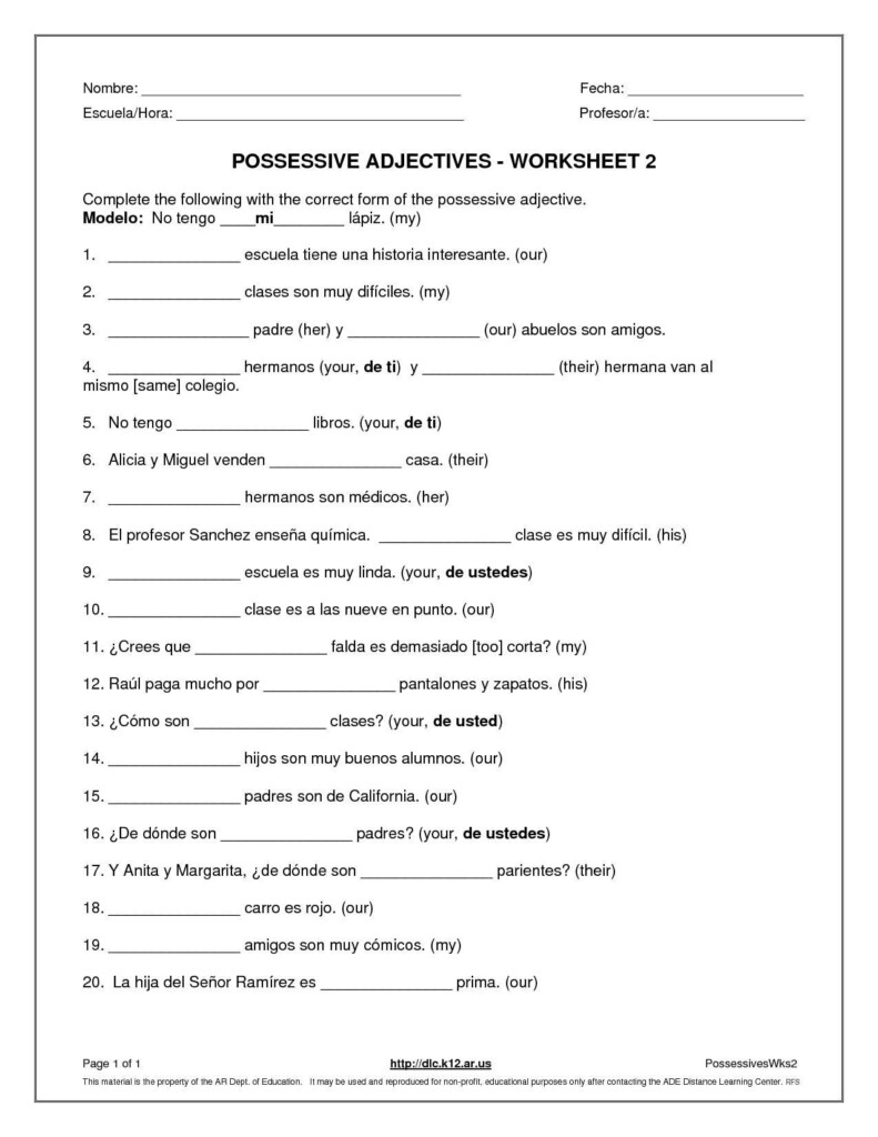 Spanish Adjectives Worksheet