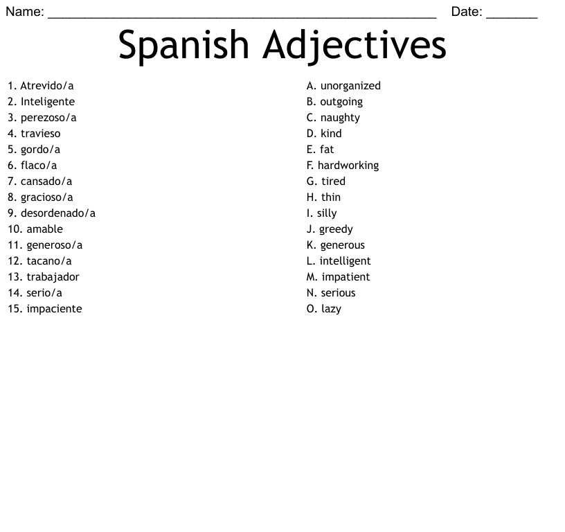 Spanish Adjectives Worksheet