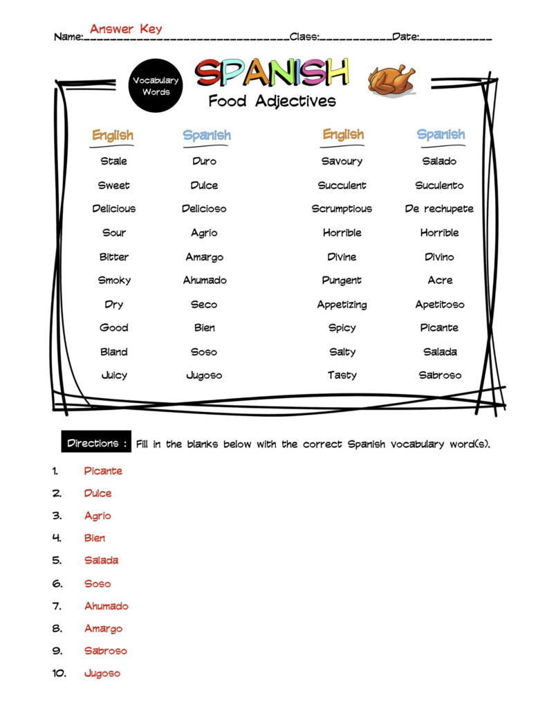 Spanish Food Adjectives Vocabulary Word List Worksheet Answer Key 