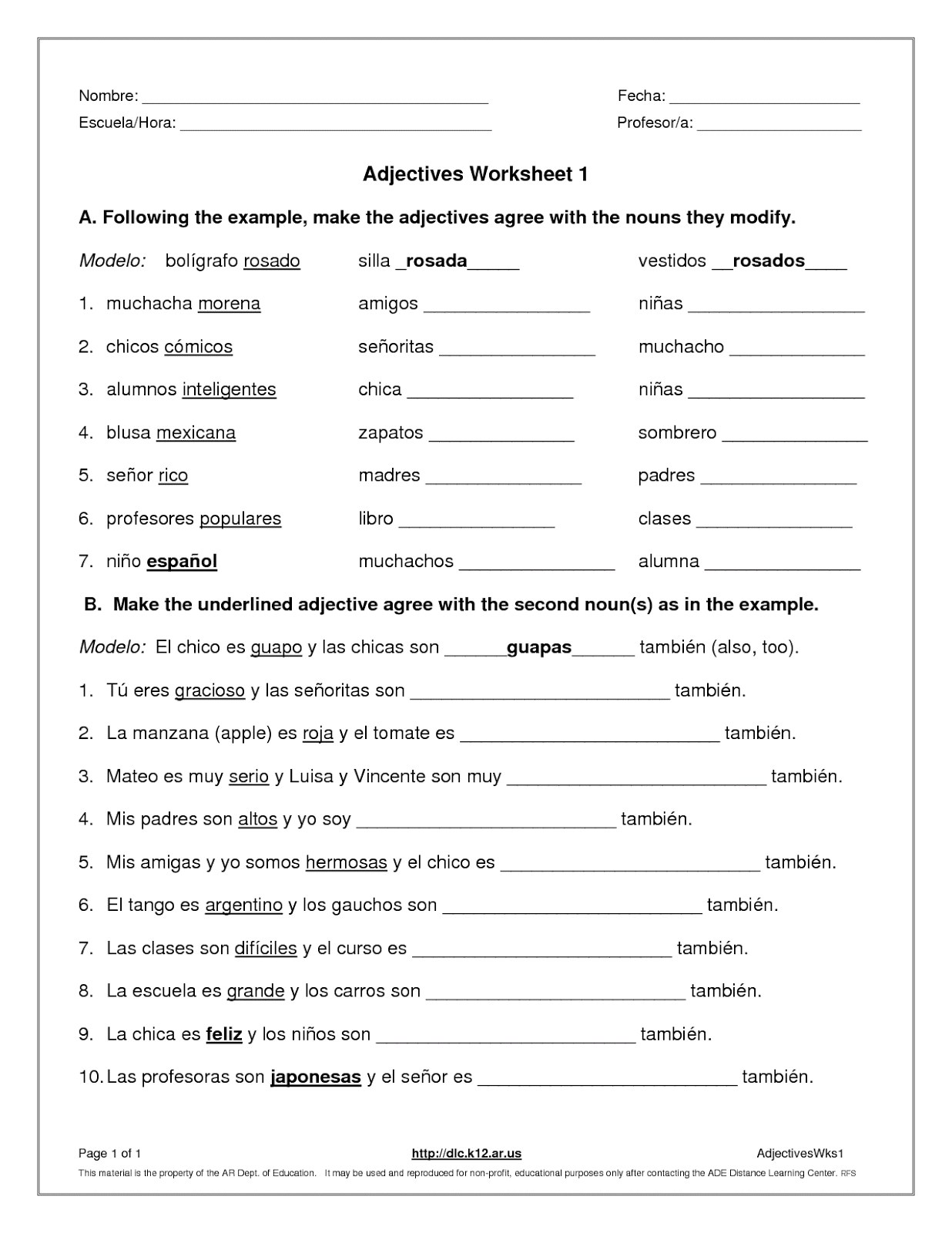 Spanish Worksheet Adjectives
