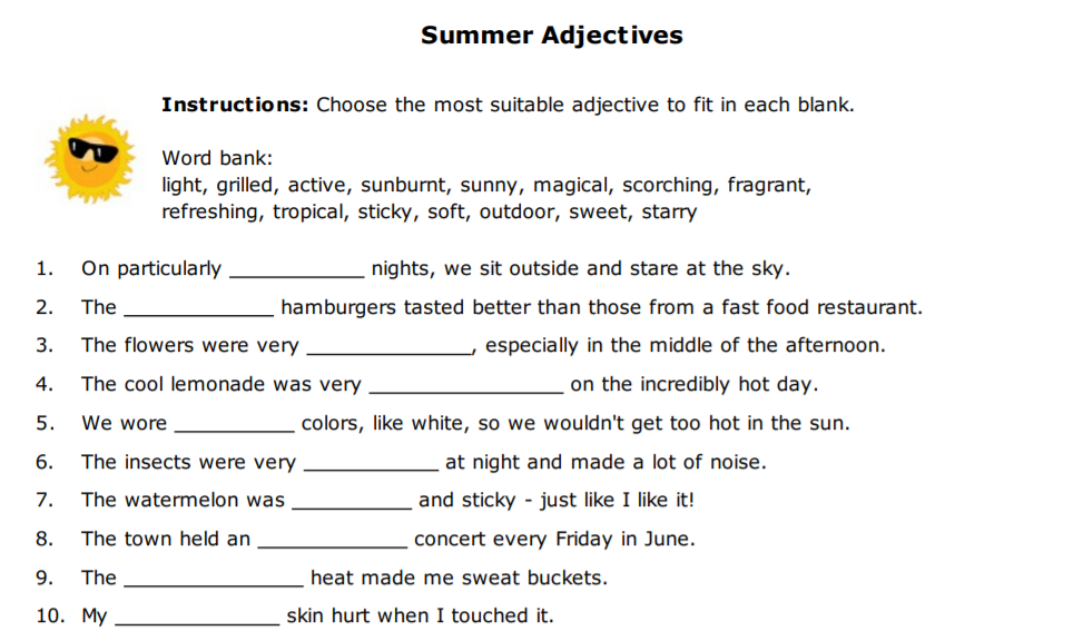 Summer Adjectives