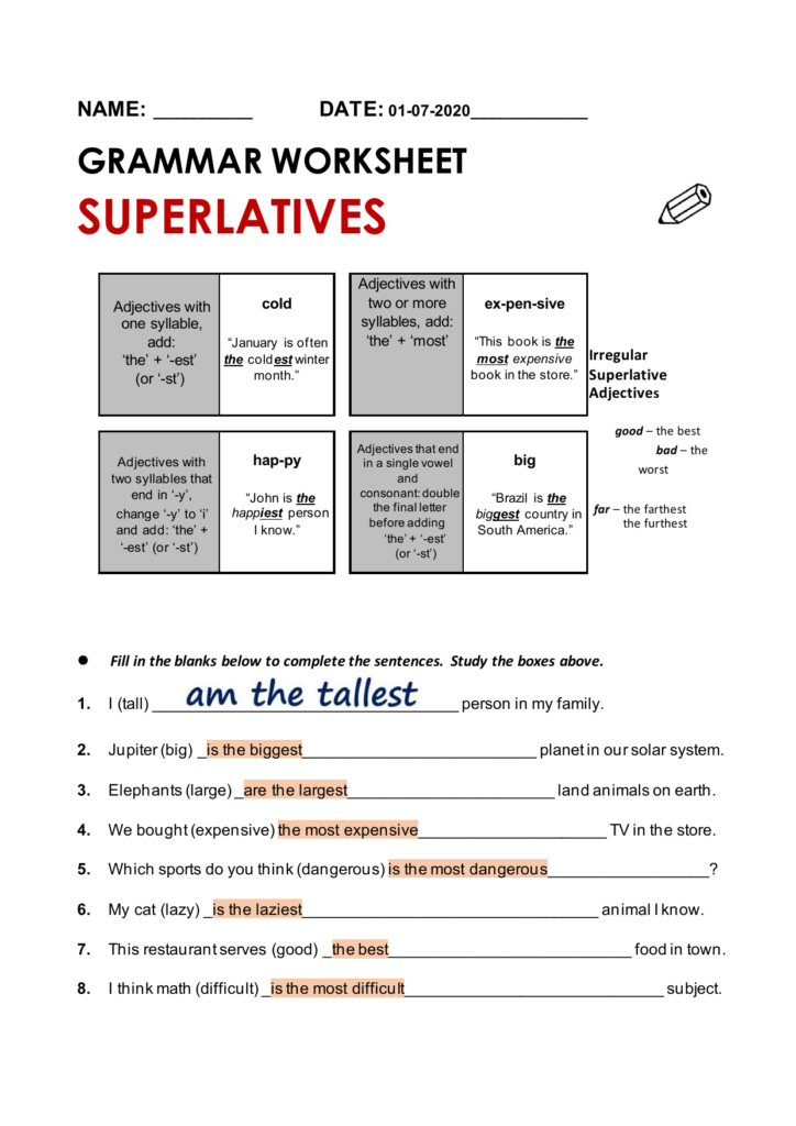 Superlative Adjective Worksheet